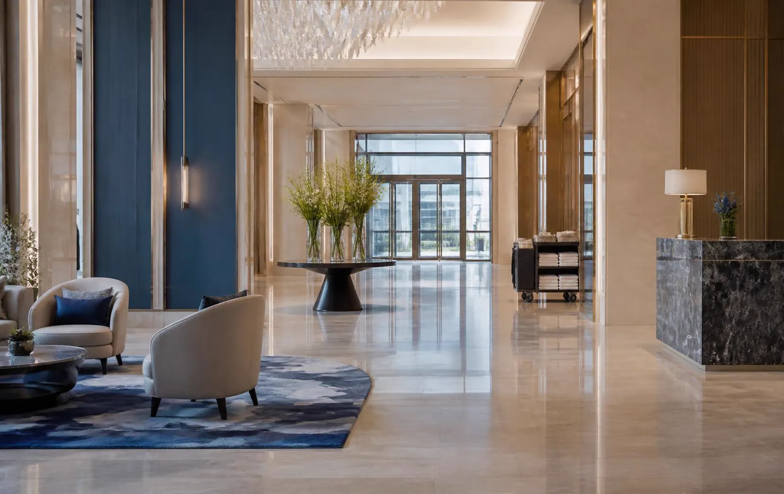 Gepflegte Hotellobby mit Housekeeping-Wagen – Hotelreinigung in Berlin